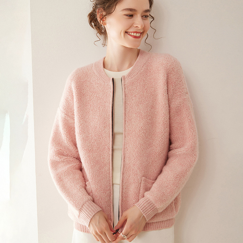 New Cashmere Sweater Women's Round Neck Towel Embroidered Cashmere Cardigan Jacket Zipper Flap Pocket Pants Autumn and Winter Loose Thickeneded Top