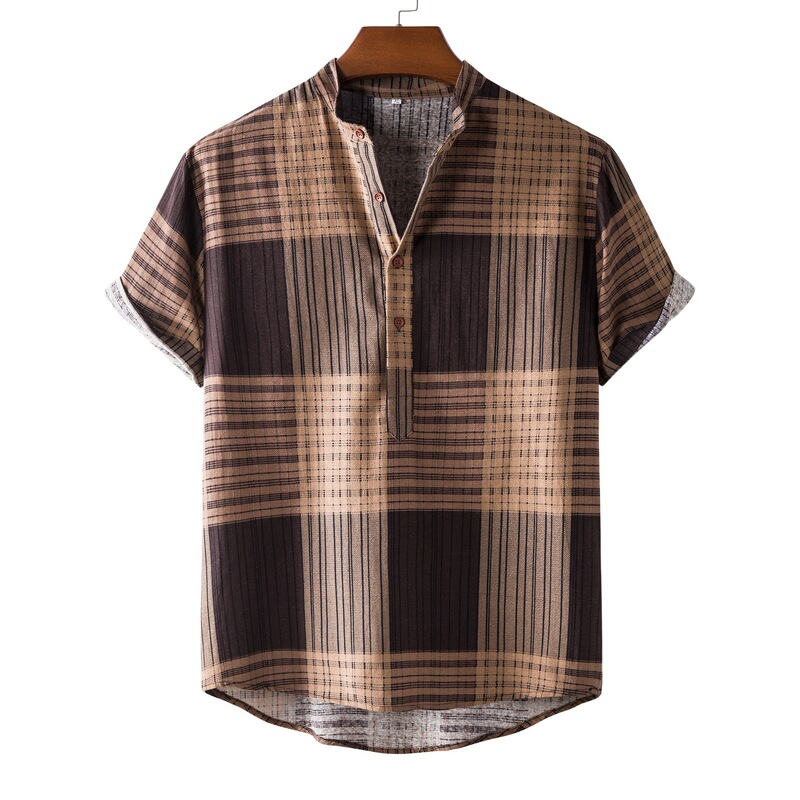 Spring and Autumn Loose Cotton Linen Casual Ordinary Brown Cotton Youth in stock Plaid Lapel Shirt Spring and Autumn Loose Cotton Linen Casual Ordinary Brown Cotton Youth in stock Plaid Lapel Shirt