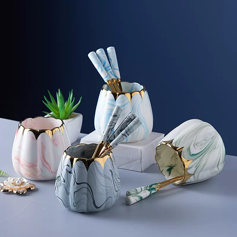 北欧不锈钢水果叉勺子陶瓷收纳罐套装大理石水果叉家用刀叉勺代发