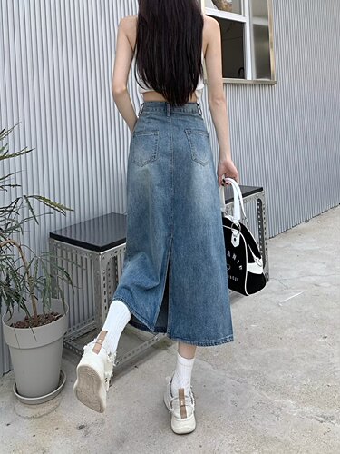 High-waisted denim skirt for women spring and autumn  new retro a-line mid-length slim hip skirt hot girl fashion