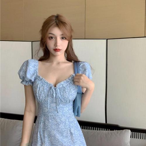 French-style intricate keyhole square collar gauze blouse women's summer waist-cinching floral short dress sexy bubble sleeve dress