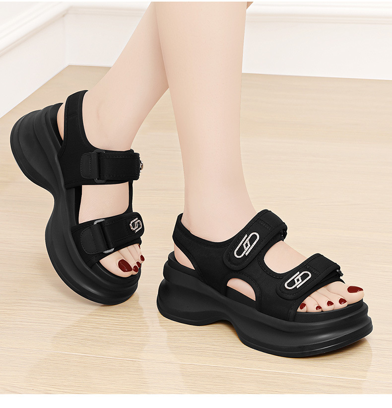 Sandal nữ đế xốp dày buộc Velcro hở mũi phong cách La Mã — Màu be 1982, 1982 màu đen chi tiết 9