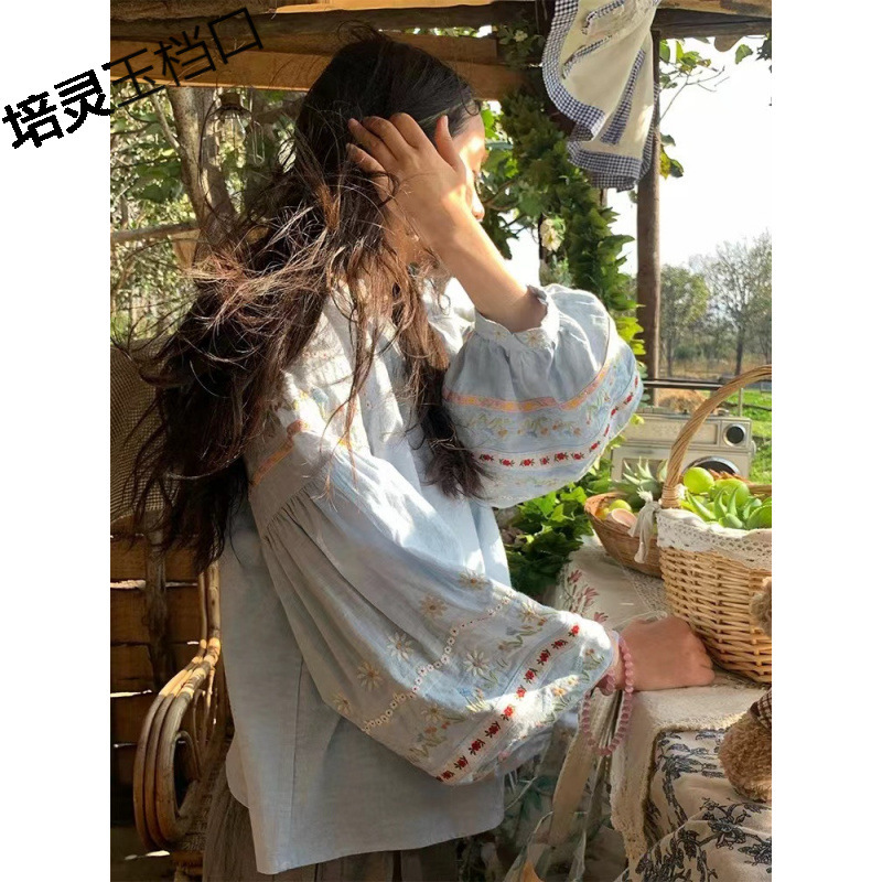 古着商店"蜂蜜雏菊"复古亚麻棉长袖衬衫女春宽松刺绣灯笼袖上衣|undefined