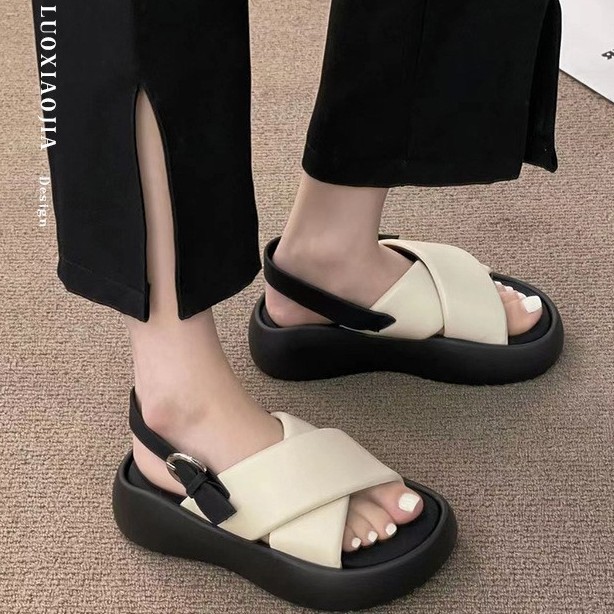 羊皮面包凉鞋女夏季真皮鞋子增高厚底交叉带云朵泡泡休闲百搭罗马