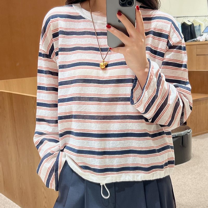 Ed26 New Summer Style Knitted T-Shirt with Drawstring Hem, Striped Cotton and Linen Round Neck Long-Sleeved Knitwear Ebf2Swt002