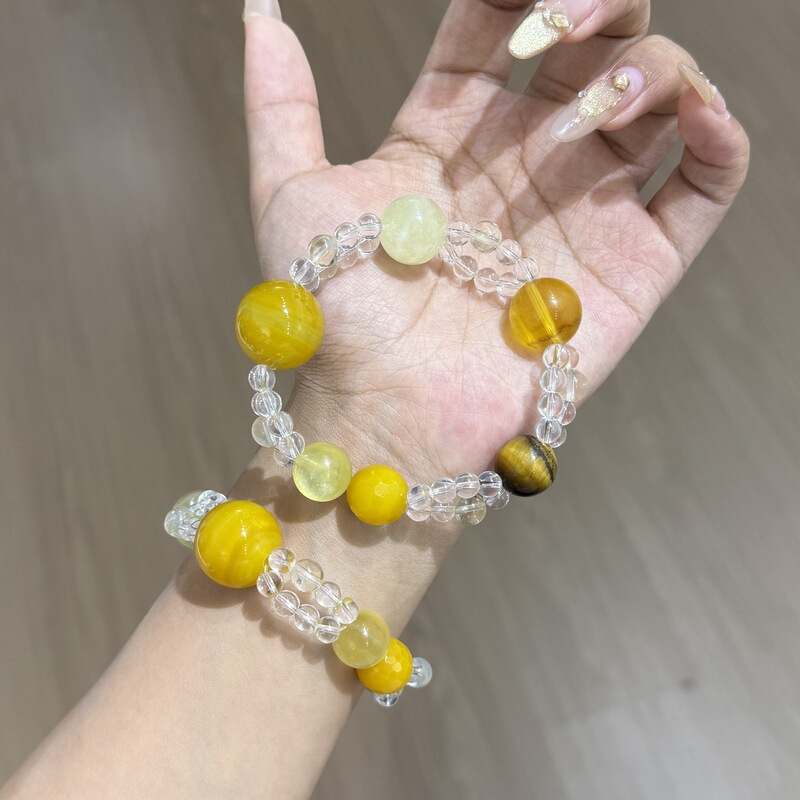 金锂云母黄萤石黄虎眼柠檬黄水晶手链女款金色系串珠手串闺蜜礼物|undefined