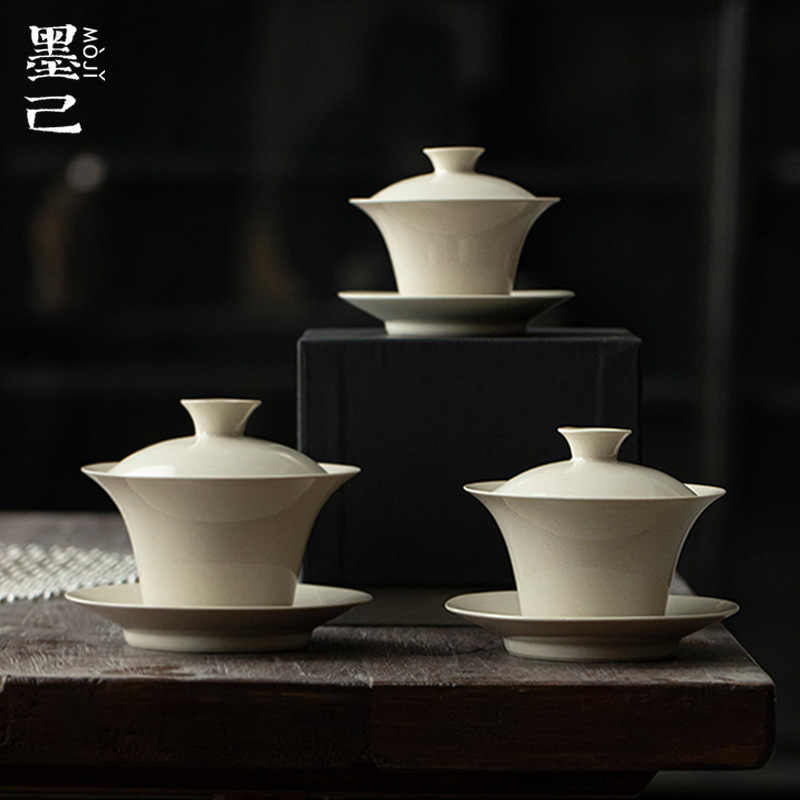 墨己草木灰陶瓷三才盖碗功夫茶具家用敬茶碗奉茶盖碗传统泡茶碗|undefined