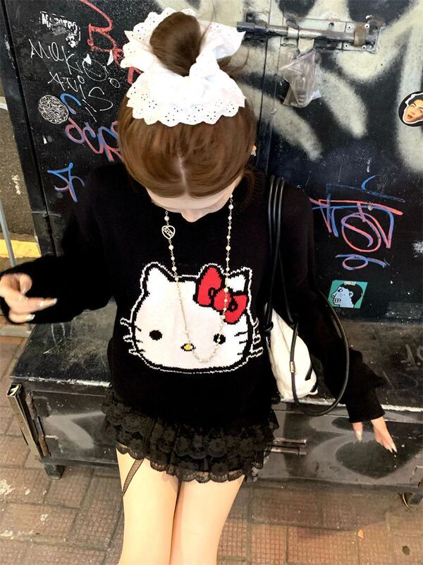 Kate Cat Embroidered Lazy Style Crewneck Sweater Female Student Autumn and Winter New Korean Style Loose Soft Waxy Pullover Sweater