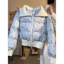 韩版针织拼接甜美碎花棉服印花翻领棉衣外套冬季新款保暖加厚面包