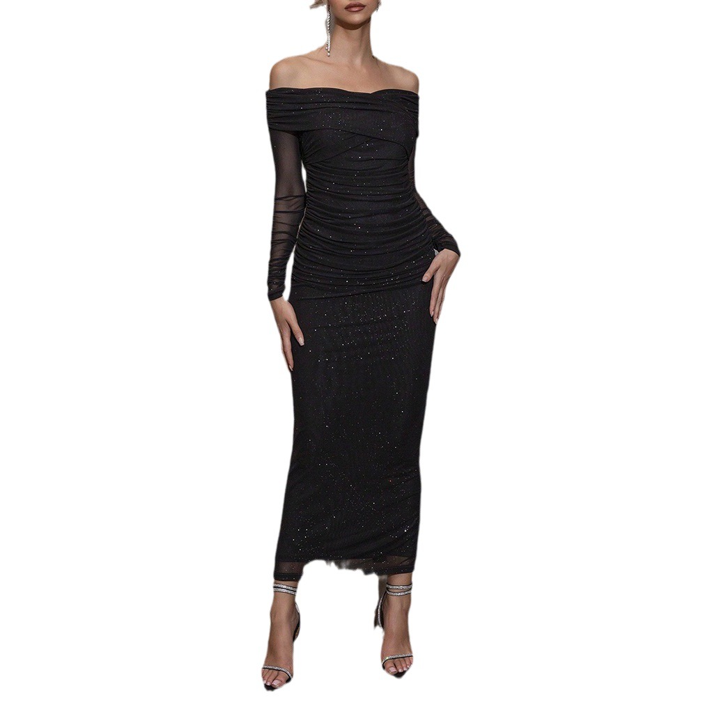 Amazon otoño nuevo estilo europeo y americano temperamento sexy vestido vestido de toast de malla de manga larga vestido largo