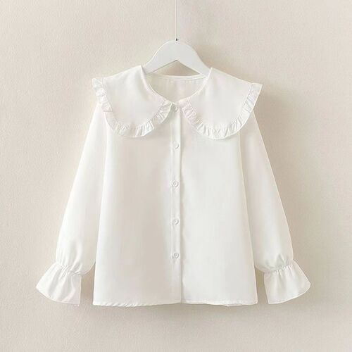 Girls' Spring and Autumn Shirt, New Korean-style Fashionable Long-sleeved White Shirt, Children's Lace Doll-collar Base Top—Trendy