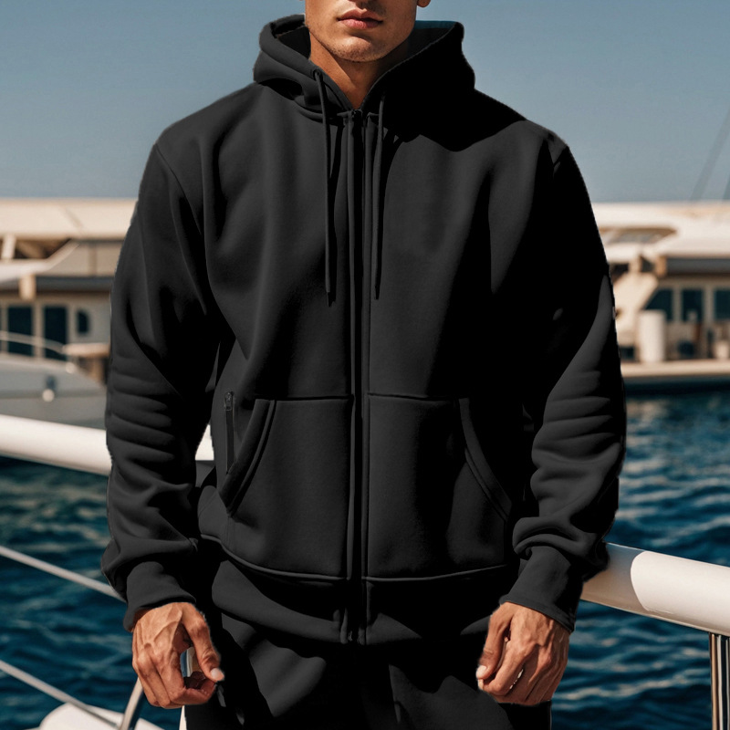 Cross-border E-commerce Autumn Winter Season Solid Color Hooded Fleece Warm Men's Long Sleeve Sweatshirt_voghion.com