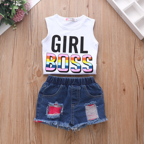 Girls' Suit European and American Style New Arrivals Vest Letter Printed Top Denim Ripped Shorts Two-piece Set Drop Shipping