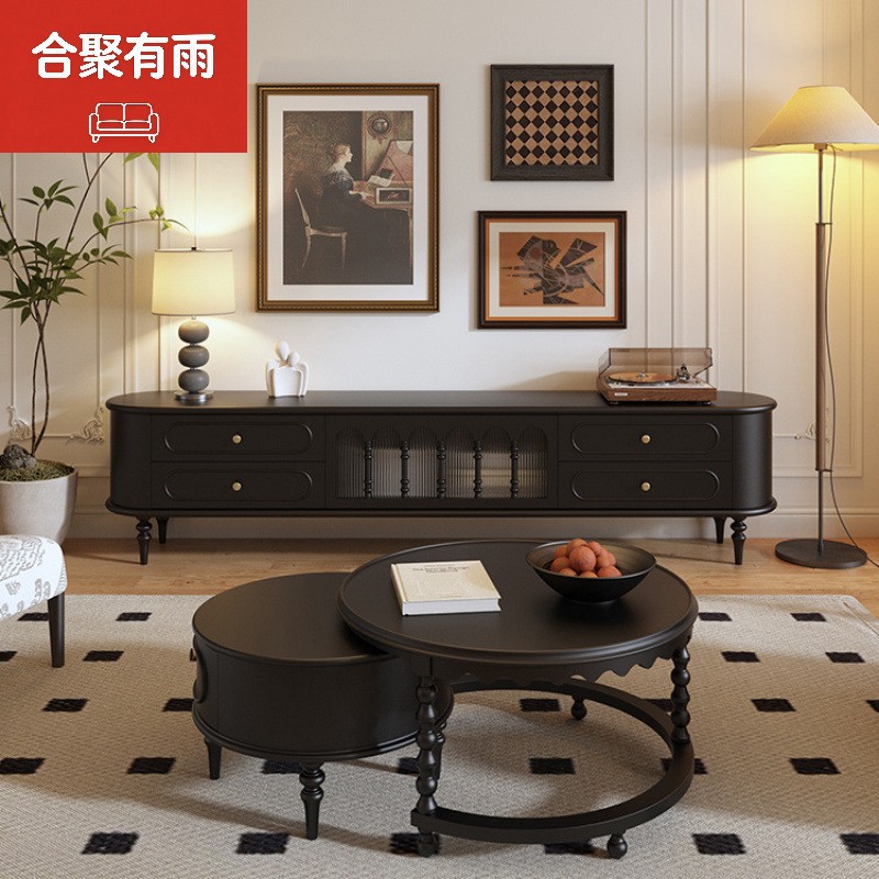 French Retro Tv Cabinet Living Room Solid Wood Mid-Century Style Black High Tv Cabinet Coffee Table American Floor Cabinet