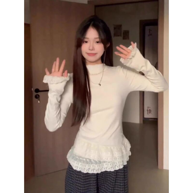 Cream White Double-Layer Lace Half-High Collar Long-Sleeved T-Shirt for Female Students, New Spring, Autumn, and Winter Slim-Fit Inner Top, Trendy on Instagram Cream White Double-Layer Lace Half-High Collar Long-Sleeved T-Shirt for Female Students, New Spring, Autumn, and Winter Slim-Fit Inner Top, Trendy on Instagram