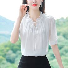 杭州重磅真丝桑蚕丝花瓣领衬衫女夏季立领减龄妈妈装遮肚小衫