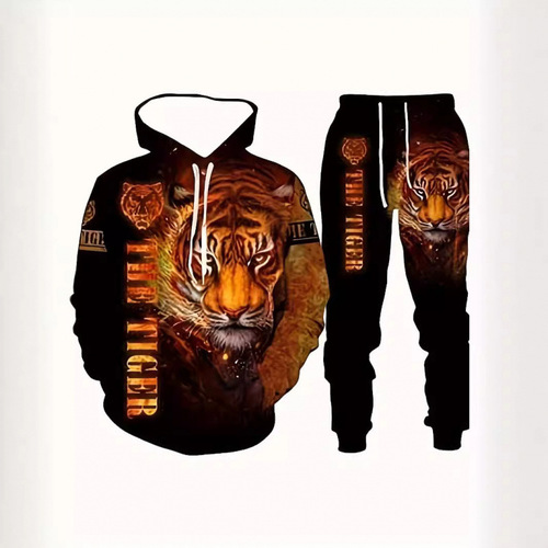 Bestselling Tiger 3D Digital Printing Hooded Sweatshirt Set for Spring and Autumn - Men's Sweatshirt Set