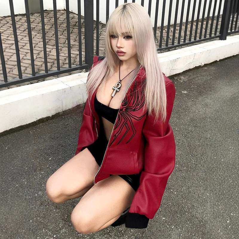 欧美外贸2025秋季新款女装美式复古辣妹连帽开衫皮革长袖拉链外套|undefined
