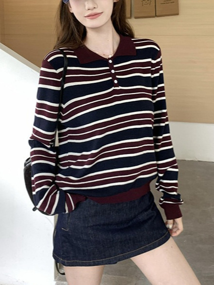 复古翻领长袖针织衫女秋季时尚新款优雅气质撞色条纹显瘦纽扣上衣|undefined