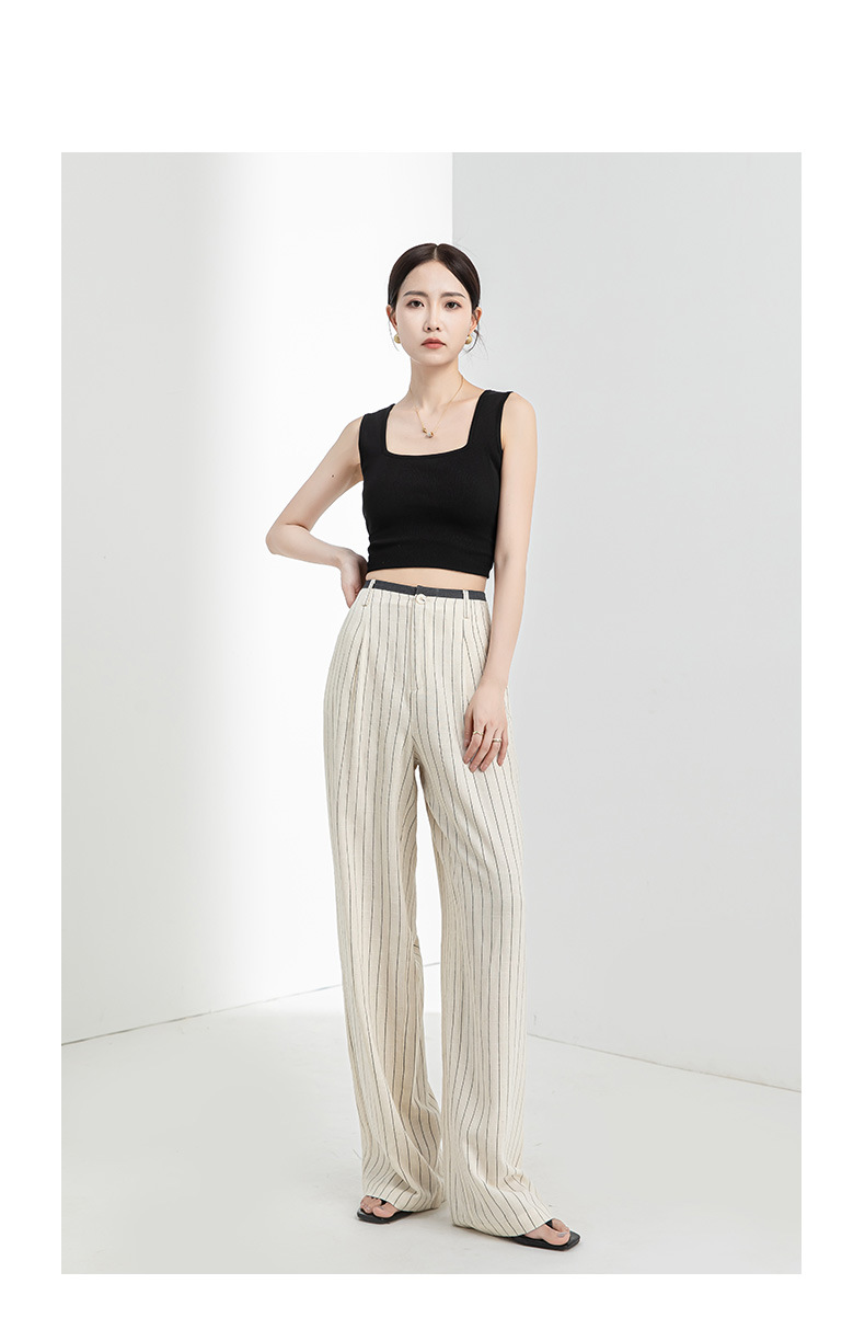 Quần culottes nữ ống rộng vải lanh sọc dọc, cạp cao phối màu, dáng suông thoáng mát — Vải gai sọc chi tiết 27
