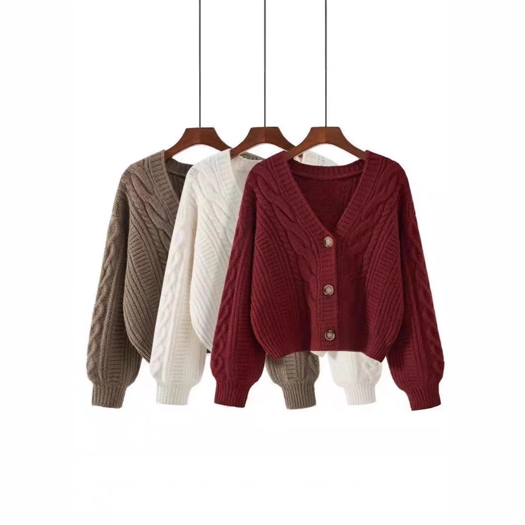 V-Neck Sweater Loose Women's Lazy Style Outer Wear 2025 Spring, Autumn and Winter New Retro Twist Short Cardigan Thick Outwear