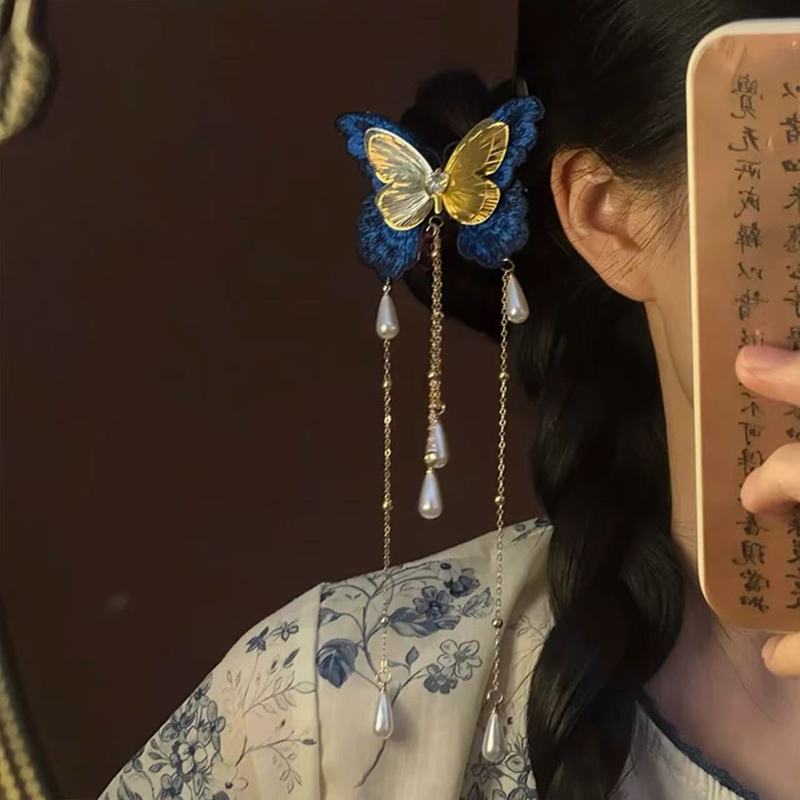 2025新款「蝶逐清欢」古风刺绣蝴蝶流苏发夹女侧边夹汉服旗袍发饰|undefined
