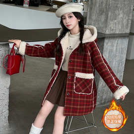 女童冬装呢子2024新款儿童长款加绒加厚秋冬连帽大衣女孩格子外套