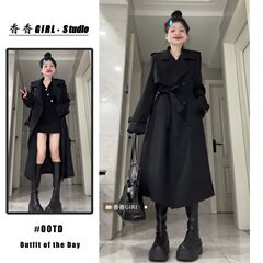 英伦风翻领双排扣风衣外套女秋冬季2025新款感黑色长款大衣女