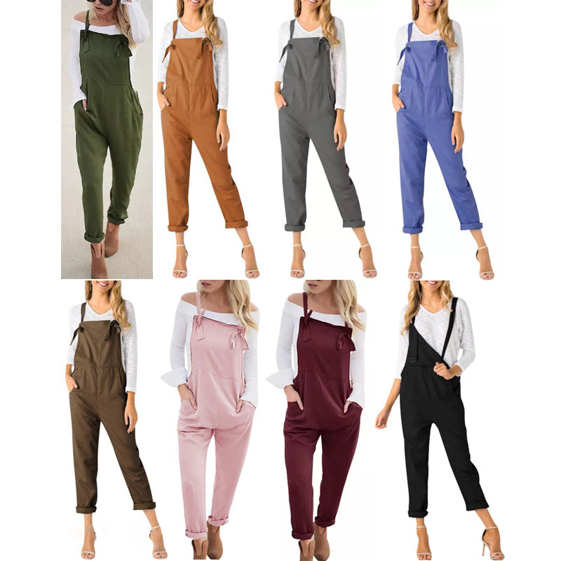 Ebay Summer European Style Versatile Loose Casual Pocket Overalls Women's Plus Size Jumpsuit in Stock High Waist