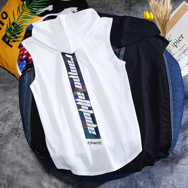 T-shirt senza maniche in cotone di cotone Xinjiang a fiocco lungo gilet maschile marea marca laser riflettente con cappuccio sciolto taglie forti T-shirt marea_voghion.com