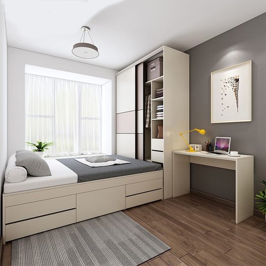 Modern Simple Tatami Bed Wardrobe Integrated Small Apartment Bedroom with sliding door Children's Room Solid Wood Storage Bed