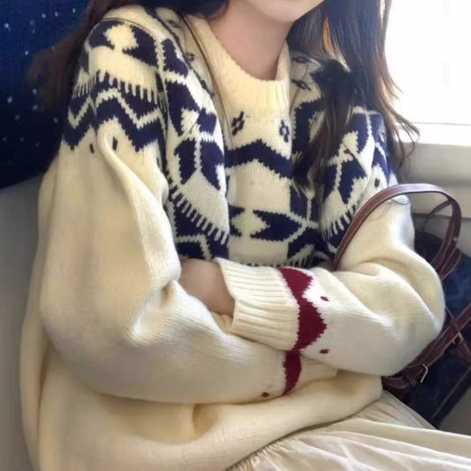 Джемпер жаккард Fair Isle, женский свободный ретро пуловер, геометрический рисунок, осень/зима