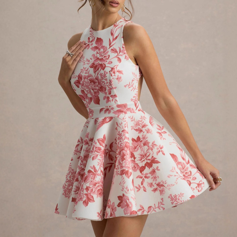 Cross-Border Foreign Trade Women's Spring and Summer Dresses European and American Amazon Women's Lace-Up Printed Suspender Mid-Length Skirts in Stock