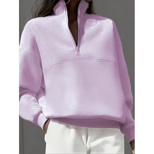 New European and American Style Light Purple Half-Zip Casual Sport T-shirt Long T-shirt