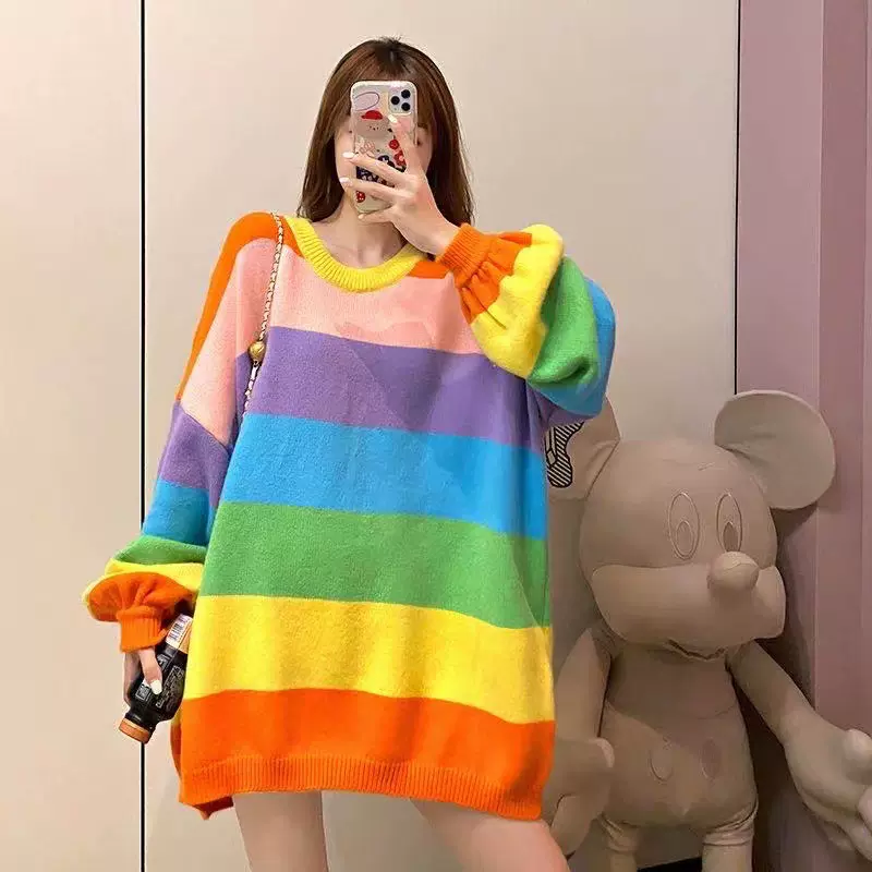 韩系慵懒风圆领彩虹条纹针织衫女时尚百搭设计感撞色宽松套头毛衣