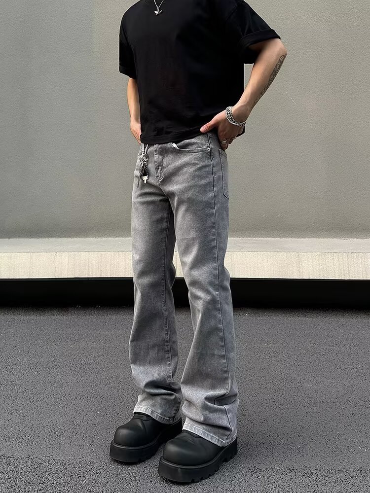 Men's Gray American Streetwear Vintage Wash Flared Jeans, Relaxed Fit Bootcut Denim Pants With Distressed Details For Urban Fashion_mkmklike.com