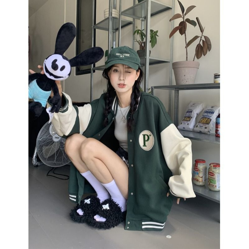 American Retro Bf Color Contrast Long Sleeve Jacket Sweatshirt Women's Spring and Autumn Hong Kong Style plus size Loose Student Baseball Suit Coat American Retro Bf Color Contrast Long Sleeve Jacket Sweatshirt Women's Spring and Autumn Hong Kong Style plus size Loose Student Baseball Suit Coat