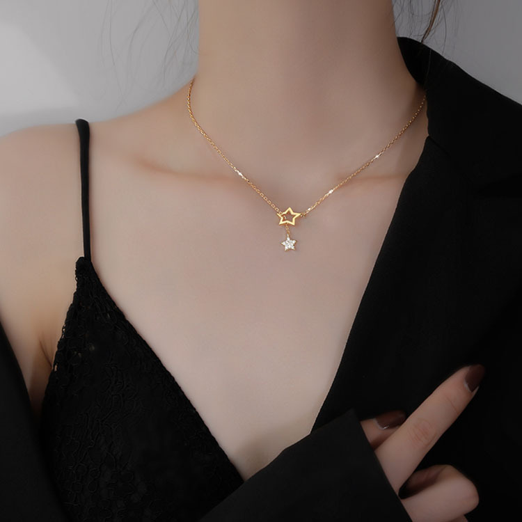 Quastenstern-Halskette für Damen, trendiges, schlichtes und einzigartiges Design mit funkelnden Diamanten in Aussparungen, Schlüsselbeinkette, Hals_voghion.com