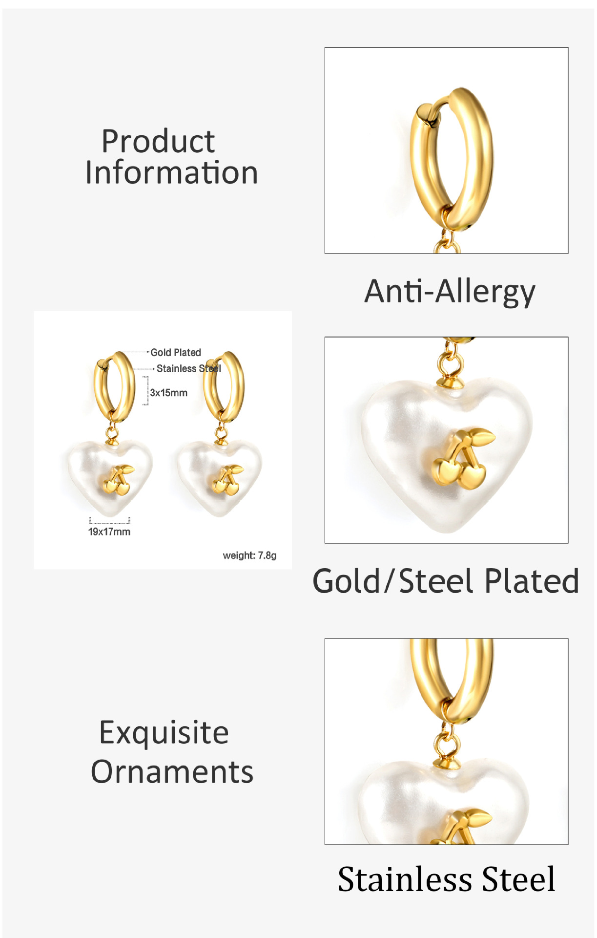 Women's Gender 1 Pair Sweet Simple Style Cherry Heart Shape Cherry Plating 304 Stainless Steel Drop Earrings