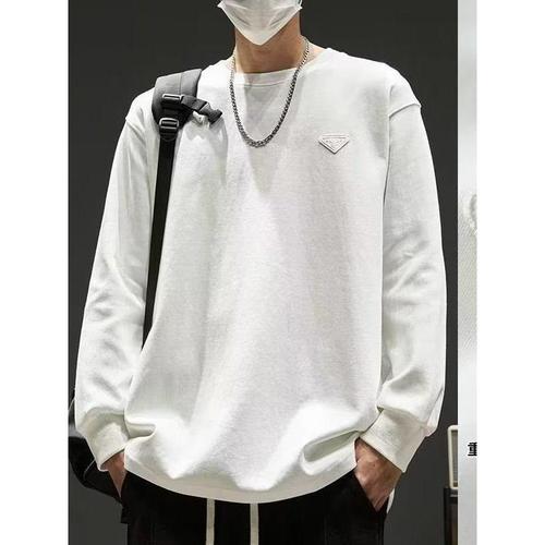 Men's Long Sleeve T-shirt with Heavyweight Crew Neck Base Layer Top, Spring and Autumn Simple Color Hooded Sweatshirt Outerwear, Hong Kong Style National Trend