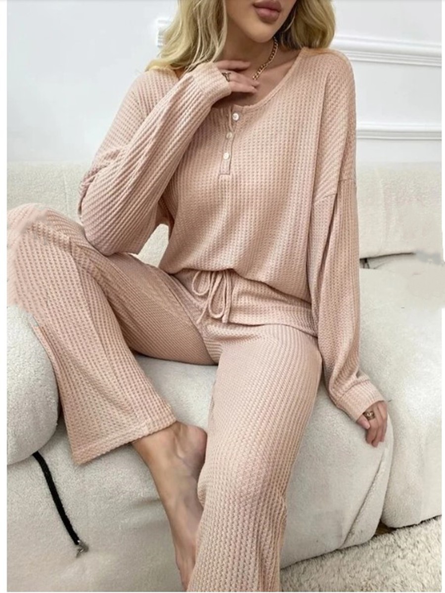 Conjunto de Ropa para Casa de Tejido Waffle para Mujer de Poliéster, Con Cordón, para Otoño image 6
