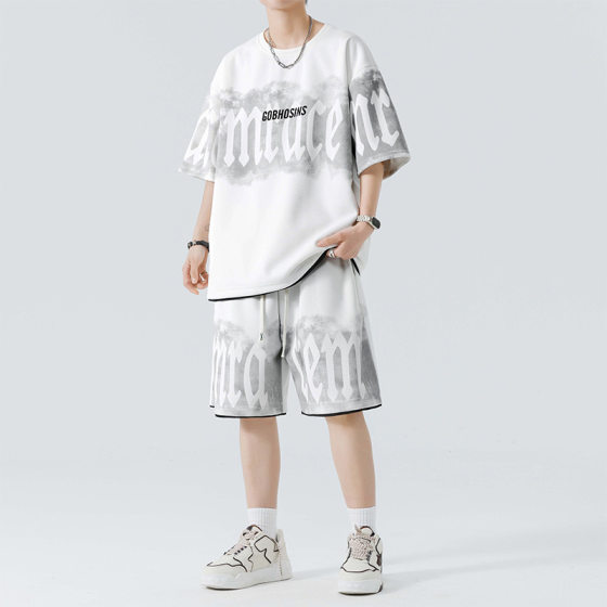 Japanese Style Casual Stitching suit Men's Summer Thin Trendy Brand Round Neck Short-sleeved Hong Kong Style Sportswear Two-piece Summer Suit