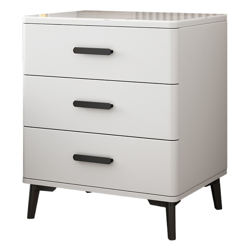 Mesita de noche con tres cajones de madera maciza, tablero de roca, estilo moderno y sencillo, gabinete elevado de tres niveles, gabinete de almacenamiento para dormitorio principal, acabado lacado.