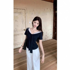 【自家工厂现货】v领蕾丝拼接绑带短袖T恤女夏季正肩撞色修身上衣