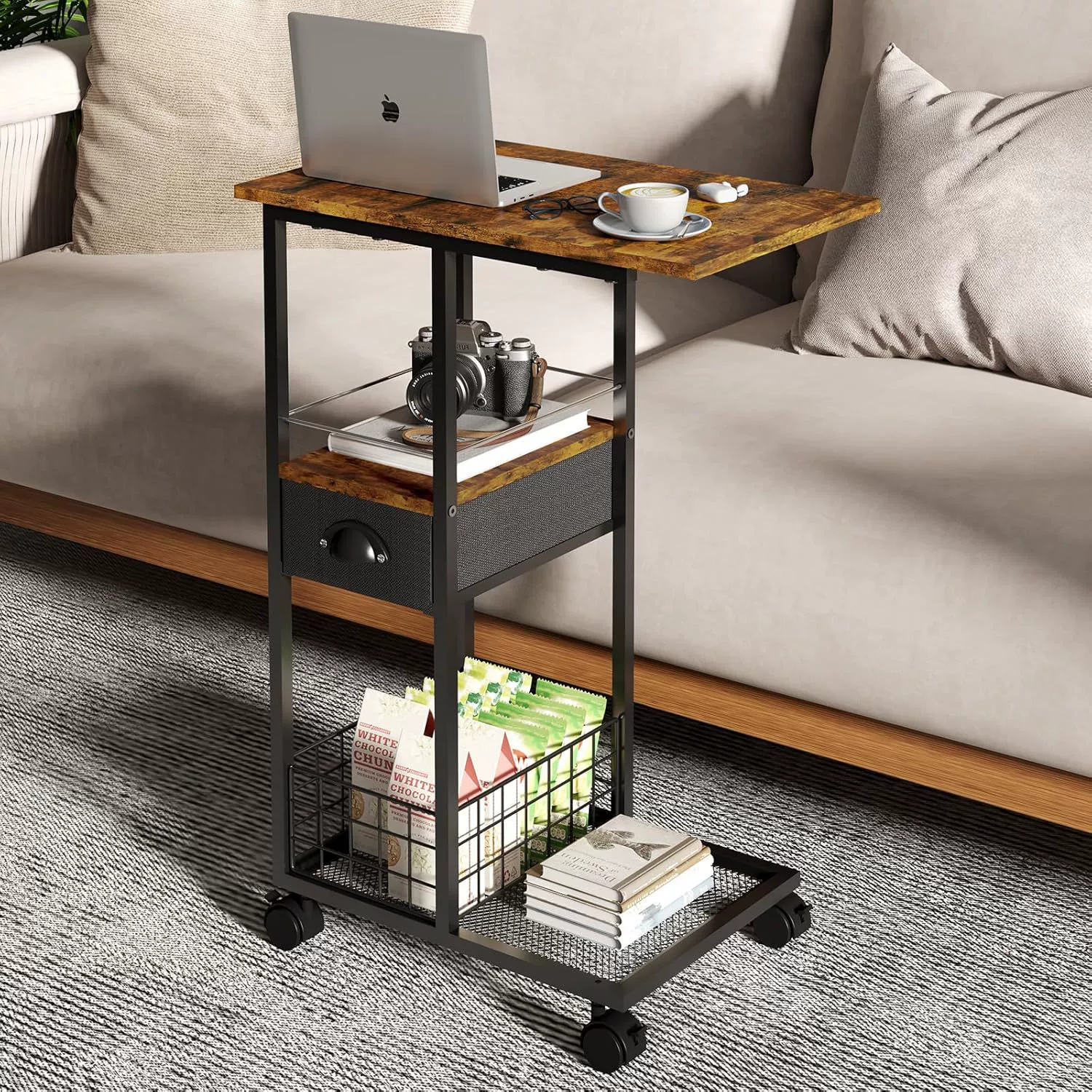 Трансграничная поставка приставной столика для дивана, портативный столик для хранения с выдвижным ящиком, минималистичный приставной столик на колесах, прикроватная тумбочка для спальни.