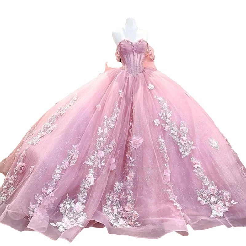 Vestido de novia rosa para adultos flor de encaje vestido de noche de fiesta de un hombro vestido de noche de fiesta de gasa hinchada