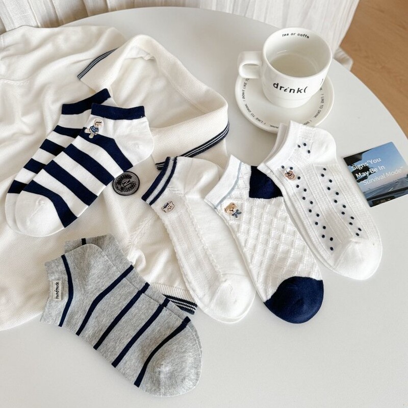 2026 New Korean-Style Embroidered Bear Series Cartoon Pattern Striped Polka Dot Short Socks