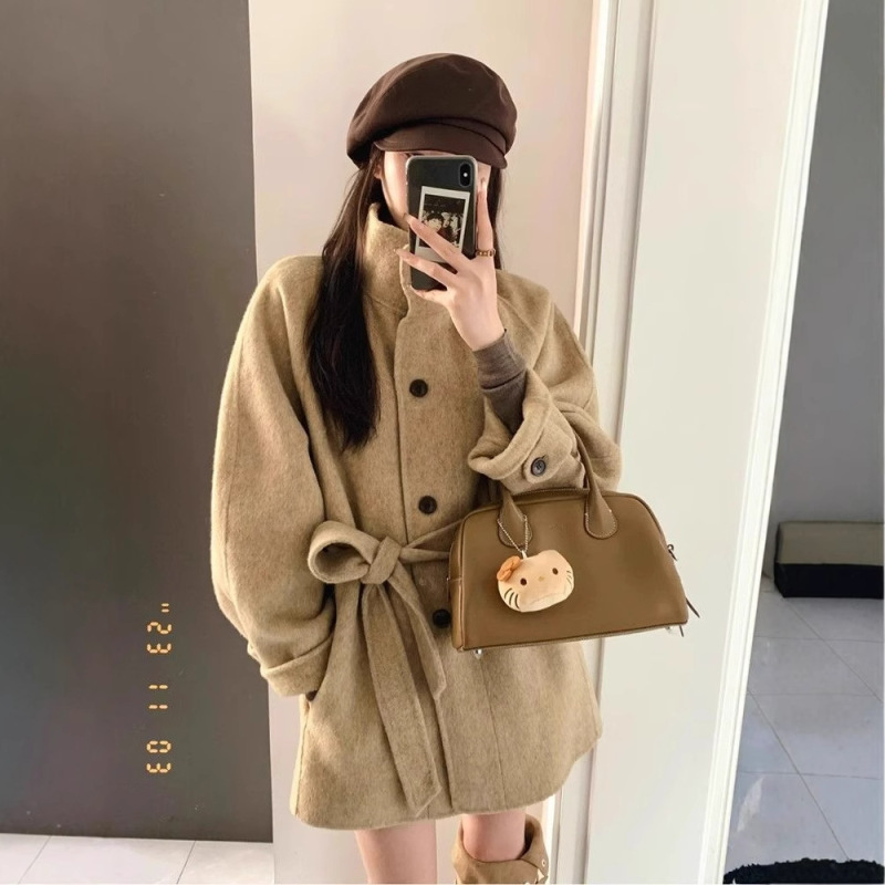 Women's High-grade Woolen Coat with Vertical Collar for Autumn and Winter New Woolen Coat for Small Men Mid-length Korean Style Lazy Coat