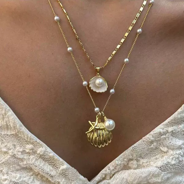 European and American Cross-Border Hot-Selling Marine Pearl Chain Clavicle Chain Starfish Shell Pendant Multi-Layer Stackable Necklace Jewelry