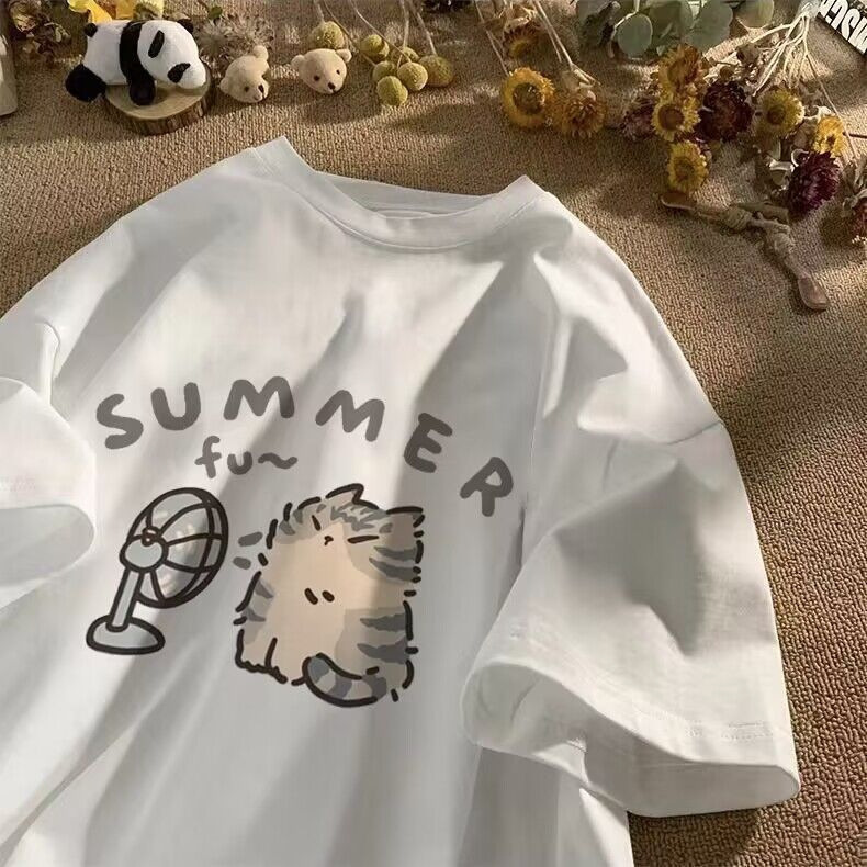 Cotton Shoulder Summer New Round Neck Short-sleeved T-shirt Women's Japanese-style Cute Style Kitten Printed Loose All-match Top